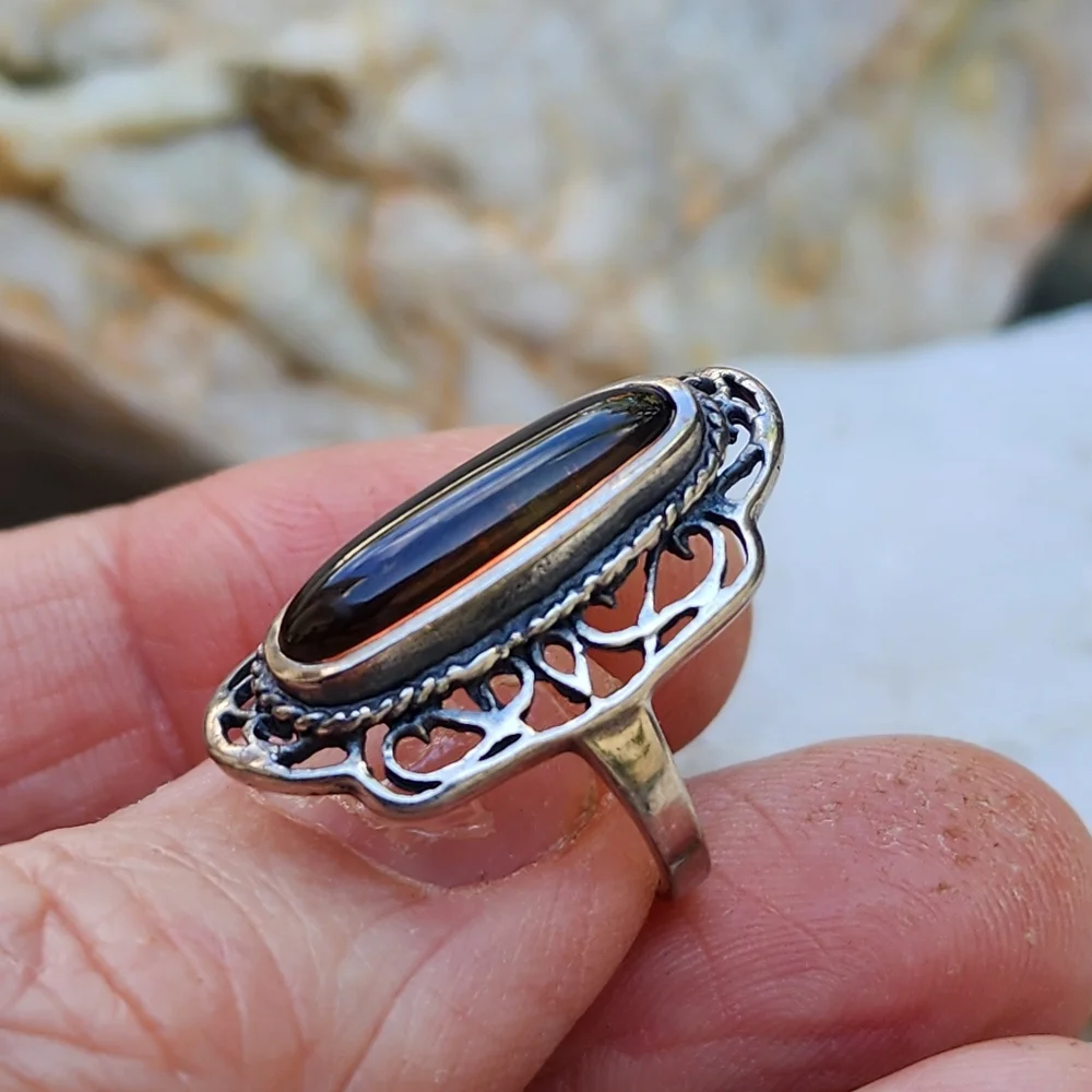 Estate Sterling Silver 925 Natural Baltic Amber Ring Honey Cognac Amber Jewelry